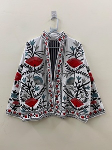 Premium Suzani Embroidered Velvet Jacket Women White Floral Boho Coat Handmade Tribal Ethnic Short Jacket Perfect <b>Gift</b> For Her - Product Image 2