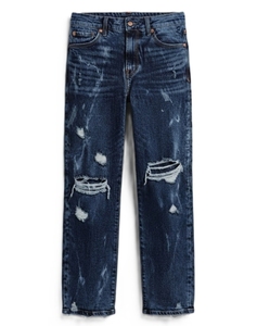 Jean en denim déchiré coupe droite pour homme, taille mi-haute, coupe régulière, en coton respirant, style streetwear décontracté - Product Image 3