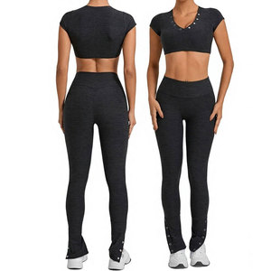 Women 2 Piece Yoga Set V Neck Crop Top High Waist <b>Leggings</b> Solid Color Breathable Spandex/Nylon Front Logo Workout Wear - Product Image 5