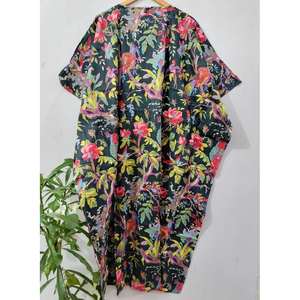 ชุดเดรสยาวผ้าฝ้ายเนื้อนุ่มสไตล์อินเดียสวยงาม แขนสั้น พิมพ์ลายดอกไม้ คาฟตัน ไซส์ XL สำหรับผู้หญิง เหมาะสำหรับใส่ไปชายหาด ชุดคลุมกลางคืน งานฝีมือแบบดั้งเดิม - Product Image 5