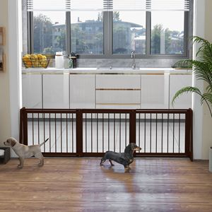 Cancelletto per Animali Domestici Autoportante in Legno da 75 Pollici con Piedini di Supporto e Tappetini Antiscivolo per Scale e Porte Interne, Chiusura a Bottone Marrone - Product Image 2