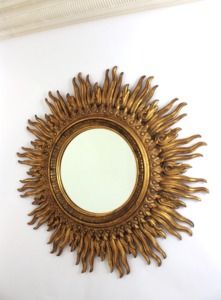 Round Gold Sunburst Wall Mirror With Wooden Frame Traditional Decorative Design - Product Image 1