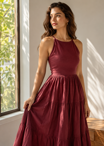 Robe longue de soirée en coton tissé de couleur rouge vin, style bohème, avec bretelles spaghetti, silhouette robe de bal, pour femme, qualité OEM supérieure - Product Image 2