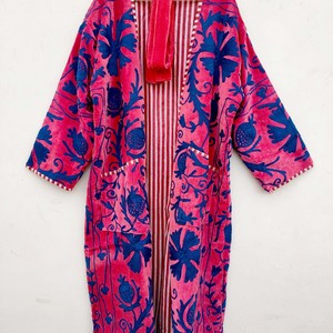 Top Trendy Elegant Suzani <b>Kimono</b> <b>Robe</b> <b>Long</b> Boho Jacket Printed Striped 100% Cotton Breathable V-neck Lightweight Tie Waist - Product Image 4
