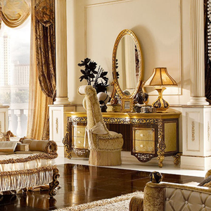 Luxury Classic Mahogany Wood Dressing <b>Table</b> 4-Drawers with <b>Mirror</b> Dark Wood Gold Inlay Vanity Set Elegant for Hotel Bedroom - Product Image 2