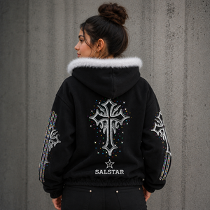 SALSTAR <b>Women's</b> Hoodie Black <b>Fleece</b> Sequined Cross Print Zip-Up Winter <b>Warm</b> Streetwear Hip Hop Style - Product Image 4