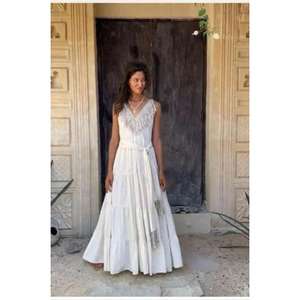 Robe longue d'été personnalisée pour femme, en maille, fendue, blanche, décontractée, à manches 3/4, coupe ample, unie - Product Image 6