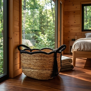 Cesta de Almacenamiento de Fibra Natural, Cesto Tejido Festoneado, Cesto Boho Hecho a Mano, Organizador con Borlas de Artesano Balinés, Caja Decorativa de Lujo para el Hogar - Product Image 2