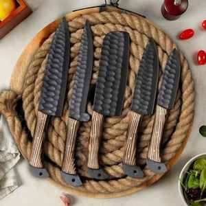 Handmade Damascus Steel <b>Knife</b> <b>Set</b> 5-Piece Wood Handle Chef <b>Knives</b> Straight Edge <b>Sharp</b> Kitchen Cutlery - Product Image 2