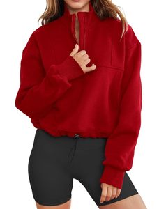 เสื้อสเวตเชิ้ตซิปหนึ่งในสี่สีแดงสำหรับผู้หญิง แขนยาว คอตั้ง สีพื้น ระบายอากาศได้ดี สวมใส่สบายๆ ในฤดูใบไม้ร่วง - Product Image 3