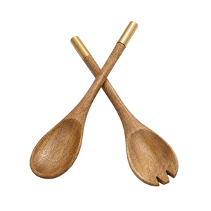 Servidores de ensalada de madera de mango hechos a mano de primera calidad, cuchara y tenedor de madera ecológicos con elegantes mangos bañados en blanco. - Product Image 6