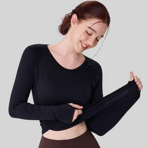 Camisetas de manga larga para mujer al por mayor, ajustadas, de cuello redondo, para primavera y otoño, camisetas básicas lisas - Product Image 3