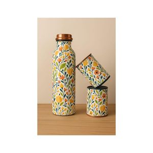 White Floral Pattern Metal Water Bottle With Copper Lid <b>Portable</b> Travel Drinkware - Product Image 1