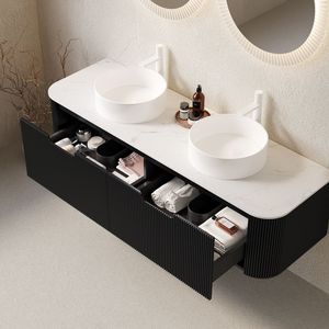 DINA 60\" <b>Wall</b> Mounted Bathroom Vanity with <b>Floating</b> Curved Edges Striped 2-Whit Drawers 2 Sinks Storage Cabinet - Product Image 2