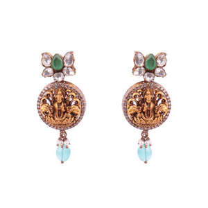 Pendientes de Diamantes Nakshi Polki con Ganesha Divino en Plata de Ley 925 Gajaah, Joyería de Herencia Nupcial para Compromiso - Product Image 1