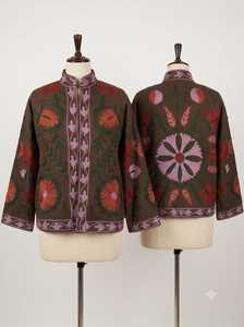 Veste en velours marron pour femme, broderie florale traditionnelle Suzani, bordure en vigne rose, art populaire, vêtement d'extérieur de créateur, vente en gros, style bohème - Product Image 5