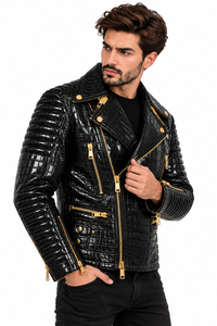 Veste en cuir de crocodile personnalisée pour homme, veste de motard en cuir de crocodile noir gaufré, veste en cuir véritable, streetwear moto - Product Image 4