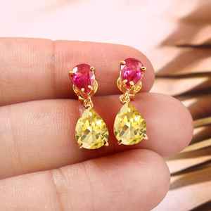 Boucles d'oreilles en saphir et rubis, pierres précieuses, pierres de naissance de septembre, argent sterling 925, plaqué or 14 carats, bijoux - Product Image 1