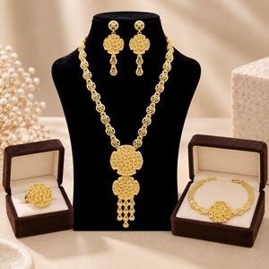 Floral Gold Tone Jewelry <b>Set</b> for Women | Openwork Pendant Necklace Dangle <b>Earrings</b> <b>Bracelet</b> Ring | Bridal Wedding Party wear <b>set</b> - Product Image 1