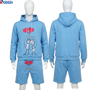 Conjunto de Sudadera con Capucha y Pantalones Cortos, 2 Piezas, Estilo Casual, Diseño de Corazón, Chándal Azul, Unisex, Tallas Grandes, Estampado de Dibujos Animados, Ecológico - Product Image 4