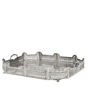 Plateau de service rectangulaire de style marocain de luxe, finition nickel, plateau décoratif en métal avec poignées et pieds, accent de décoration pour la maison - Product Image 1