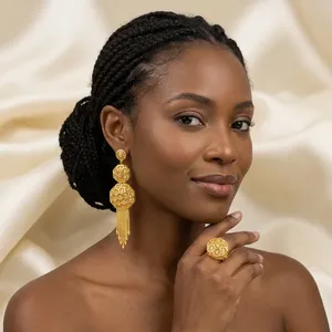 Nigerian <b>Bridal</b> Jewelry 14K Gold Plated Brass Stud Earrings Cute Flower Shape Tassel Earrings - Product Image 3