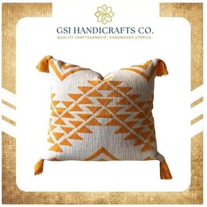Housse de coussin géométrique brodée carrée en coton et lin style bohème avec pompons, lavable, fermeture enveloppe - Product Image 2