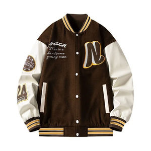 Brown <b>White</b> Embroidered PU Breathable Varsity <b>Jacket</b> <b>Men</b> Stand Collar Regular Fit Button Front Custom Logo Winter Outerwear - Product Image 1