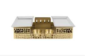 Plateau de service rectangulaire multifonctionnel en acier inoxydable plaqué or avec motif floral moderne et corde, idéal pour mariage, accompagné d'un bol décoratif - Product Image 1