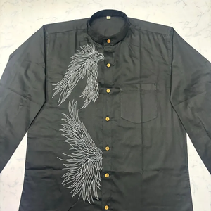 Classic <b>Long</b>-Sleeve Collarless Casual Shirt Featuring Hand-painted Pattern 100% Cotton Velour Fabric Single Button Shirts - Product Image 2