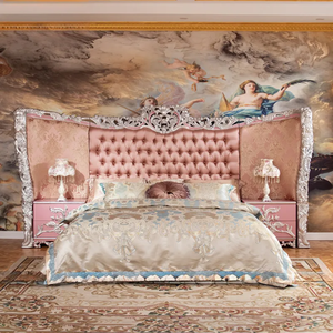 Ensemble de chambre à coucher Princesse Rose Romantique, tables de chevet et coiffeuse en bois d'acajou sculpté à la main, style français de luxe capitonné, lit King Size - Product Image 1