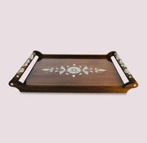 Élégant plateau en bois poli incrusté de vadrouille Plateau de service décoratif pour la décoration intérieure et cadeau réfléchi du Ramadan pour la famille et les amis - Product Image 1