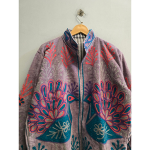 Veste violette à col montant et fermeture éclair pour femme avec broderie à motif animalier, vêtement d'extérieur vintage bohème chic prairie pour l'automne - Product Image 6