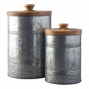 Ensemble de 3 boîtes à café, thé et sucre décoratives de qualité supérieure, en métal galvanisé, avec couvercle en bois - Product Image 1