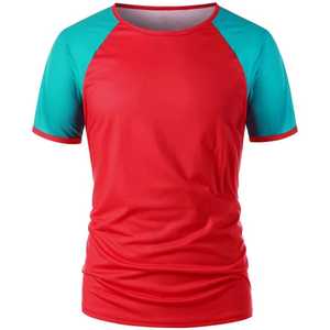 T-shirt homme rouge et vert sarcelle à manches raglan, col rond, séchage rapide, coupe ajustée, couleur unie, tricoté, haut tendance pour hommes. - Product Image 1