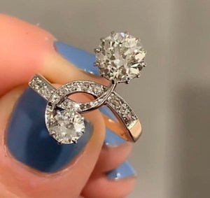 Moissanite <b>Two</b> <b>Stone</b> Round Cut Moissanite Unique Engagement <b>Ring</b> Original 925 Silver Fine Floral Style Anniversary Gift For Her - Product Image 2