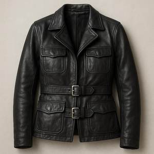 เสื้อโค้ทหนังสีดำสำหรับผู้หญิง แจ็คเก็ตหนังแท้คลาสสิก ทรงเข้ารูปทันสมัย เสื้อคลุมสำหรับใส่ภายนอก ไอเดียของขวัญวันฮาโลวีน เสื้อผ้าสำหรับฤดูใบไม้ร่วงและฤดูหนาว - Product Image 1