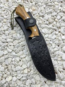 Couteau de chasse Jexa 4116 en acier inoxydable, lame fixe, couteau à dépecer pour le camping, bord partiellement dentelé, manche en bois d'olivier, étui en cuir - Product Image 2