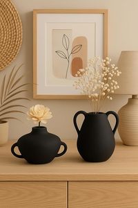 Jarrón de Cerámica Negro Mate con Doble Asa, Florero de Porcelana, Recipiente Decorativo de Mesa, Estilo Nórdico para el Hogar, Bautizo - Product Image 2