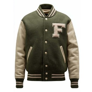 Veste de sport verte pour homme, corps en laine, manches en cuir PU, lettre F brodée sur le devant, col rabattu, style preppy, vêtement d'automne - Product Image 1