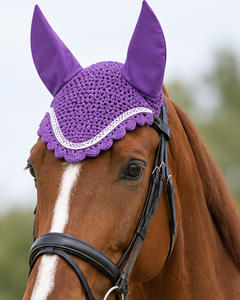 Juego de almohadillas de lujo personalizadas para silla de montar de caballo, moradas, de algodón acolchado, con gorro de ganchillo a juego y red para orejas, con logotipo personalizado. - Product Image 4
