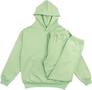 Chándal Unisex Verde Menta con Capucha, Manga Larga, Color Sólido, Informal, para Otoño, 100% Algodón, Corte Holgado, con Bolsillos Laterales y Cordón Ajustable - Product Image 1