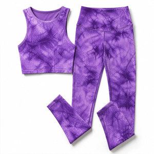 Conjunto de Yoga Morado, Top Corto y Leggings de Cintura Alta, Dos Piezas, Tejido Acanalado, Spandex y Poliéster, Elástico en Cuatro Direcciones, Antibacteriano, Secado Rápido - Product Image 1
