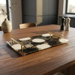 Handmade Black Agate Stone <b>Serving</b> <b>Tray</b> with <b>Gold</b> Metal Handles Rectangular Decorative Kitchen Coffee Table Display Luxury Home - Product Image 3