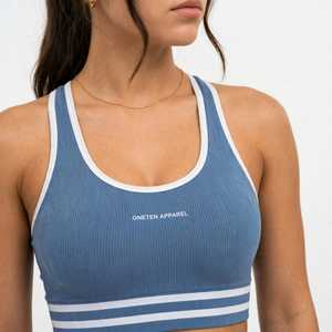 ONETEN APPAREL เสื้อกล้ามสปอร์ตบราคอกลมลายทางสำหรับผู้หญิง สีฟ้า ชุดออกกำลังกายโยคะ - Product Image 5