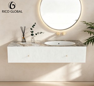 Lavabo mural RICO GLOBAL avec dessus en marbre, vasque ovale, design minimaliste, armoire blanche - Product Image 1