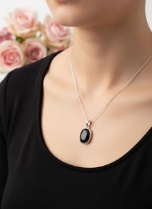 Pendentif ovale en obsidienne noire de luxe plaqué rhodium, collier vintage en pierre protectrice, bijou délicat en cristal, cadeau spirituel - Product Image 4