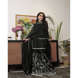 Hermoso Salwar Kameez Negro de Poliéster para Fiesta, Top, Pantalón y Dupatta, Talla XL, India/Pakistán - Product Image 3