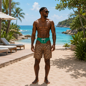 Shorts de bain décontractés pour hommes en élasthanne uni avec logo frontal, imprimé jetons de poker et cartes, respirant, séchage rapide, taille à cordon de serrage, taille mi-haute - Product Image 3