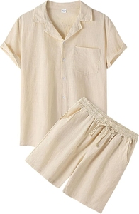 Conjunto de Camisa de Manga Corta y Pantalones Cortos de Algodón Blanco para Hombre, Atuendo Casual de Verano, Cuello Camisero, Transpirable, Color Sólido, Logotipo Frontal - Product Image 5